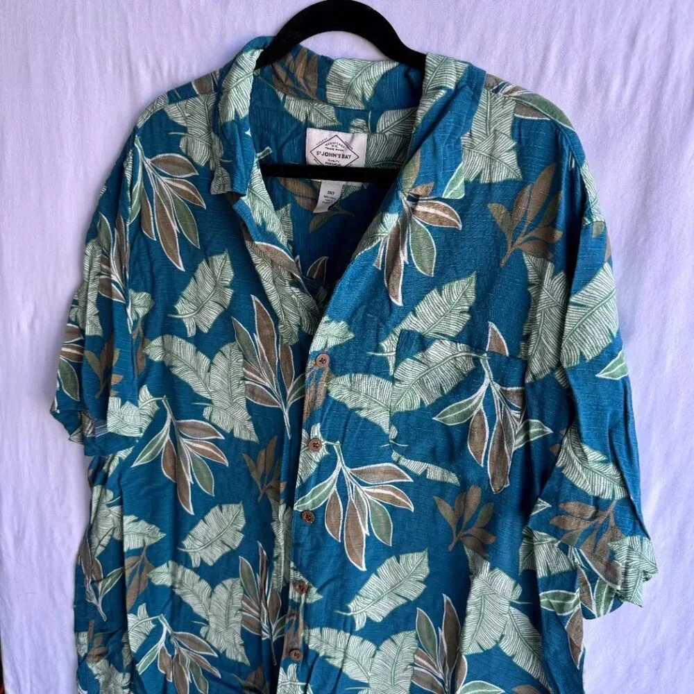 Men's Hawaiian Button-Up Shirt - Teal Tropical Leaf Print, Size 2XLT - Picture 2 of 5